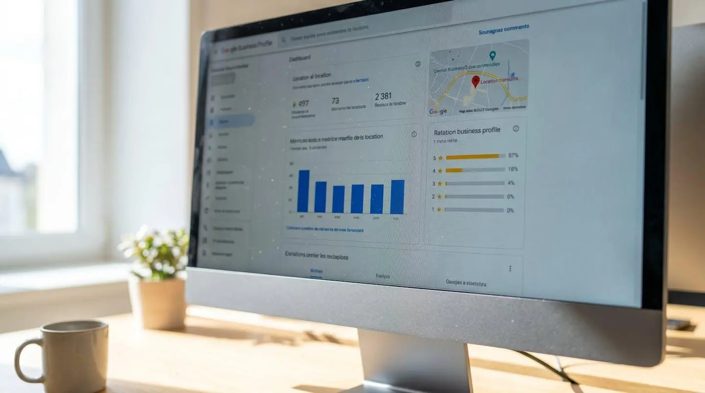 Écran d'ordinateur affichant un tableau de bord Google Business Profile avec indicateurs de performance et étoiles d'évaluation