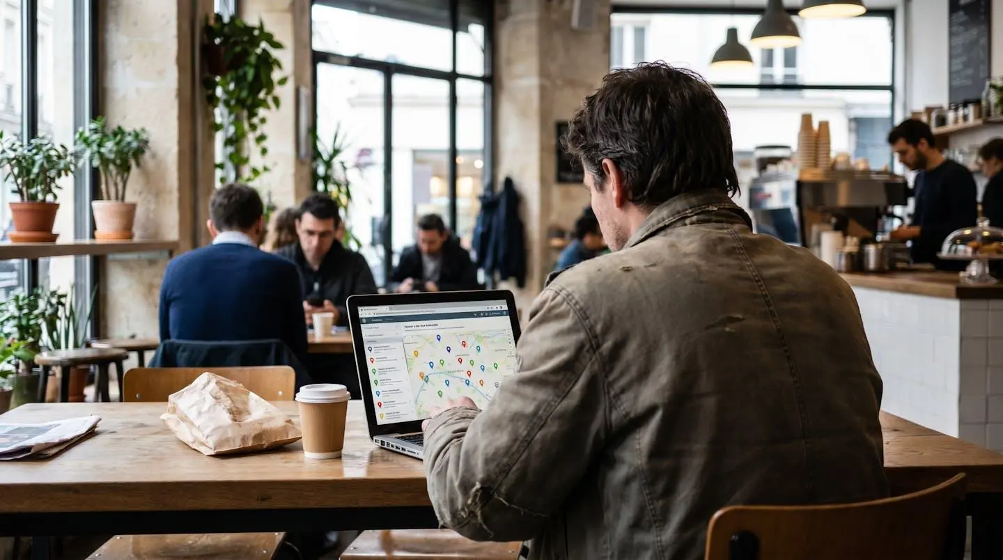 Personne travaillant sur ordinateur portable montrant une interface de cartographie avec marqueurs de localisation, dans un café contemporain