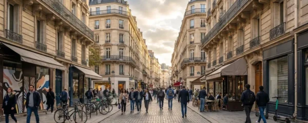 Rue commerçante parisienne typique avec immeubles haussmanniens et vitrines de commerces de proximité