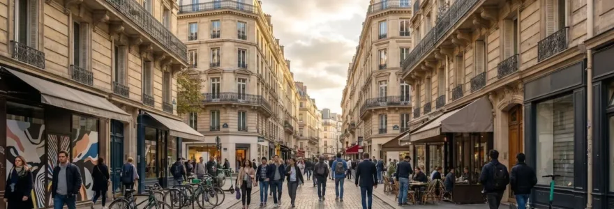 Rue commerçante parisienne typique avec immeubles haussmanniens et vitrines de commerces de proximité